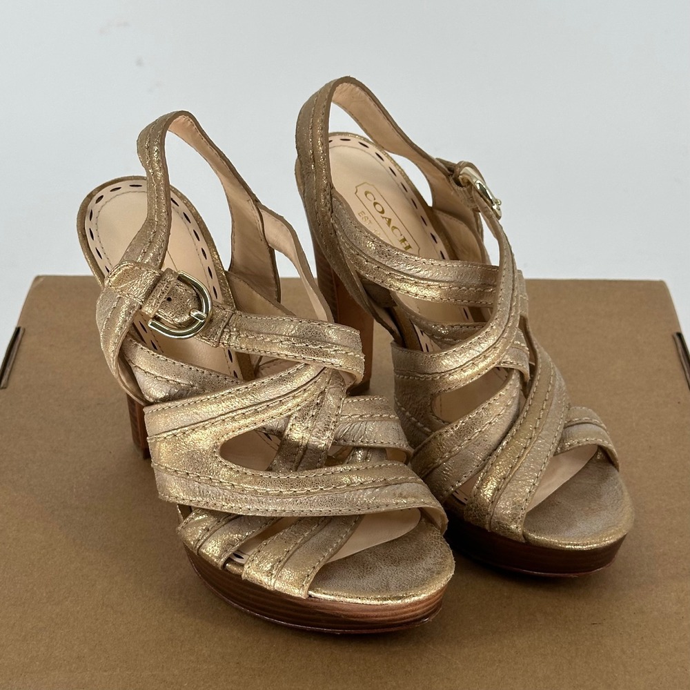 Coach Brynne Gladiator Metallic Gold Platform High Heels Ankle Strap Women's 6 B